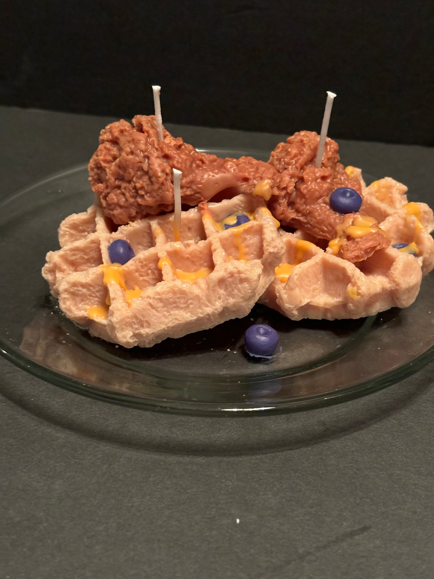 Chicken & waffle candle with blueberries & syrup