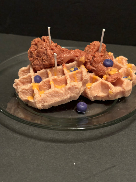 Chicken & waffle candle with blueberries & syrup