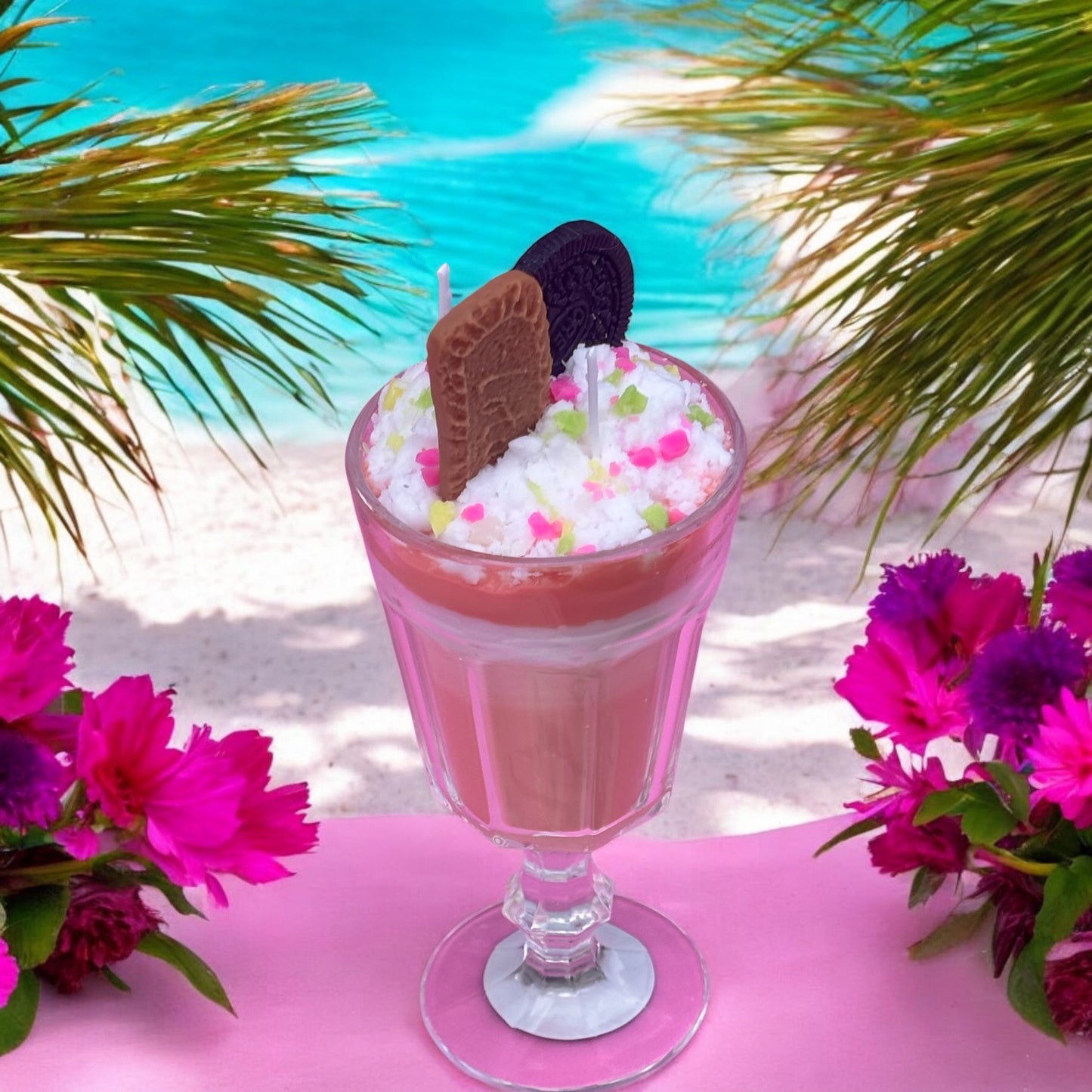 Strawberry sundae candle with cookies and sprinkles